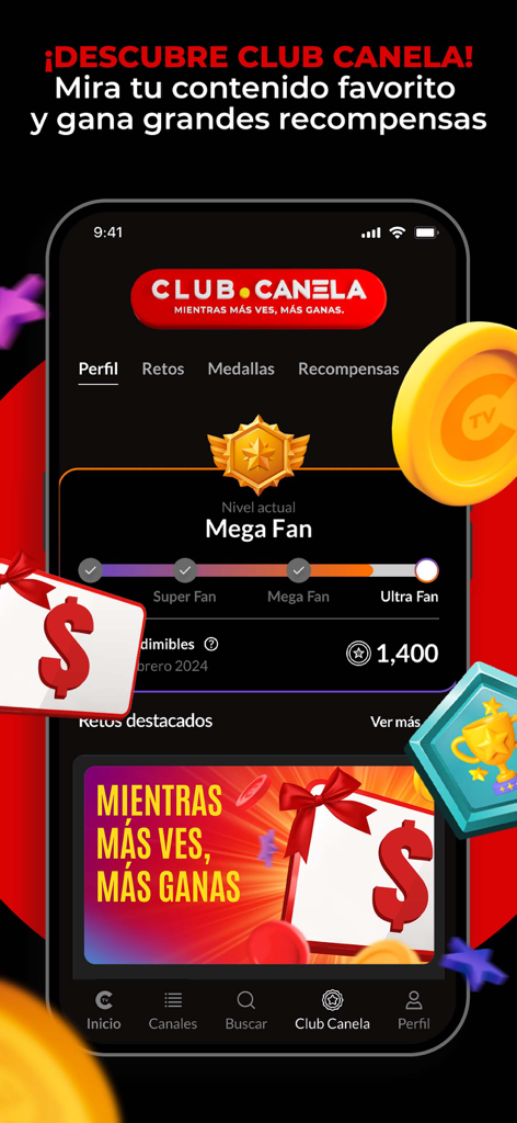 Oberfläche des Club Canela Treueprogramms in der Canela.TV App mit Prämienpunkten und Benutzerlevel