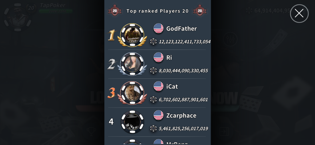 Tap Poker Social - Top ranked players leaderboard in Tap Poker Social