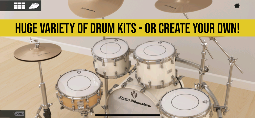 A realistic 3D acoustic drum kit interface within the Jam Maestro app showcasing drum kit customization.