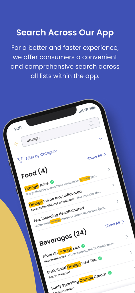 cRc Kosher - Search screen of the cRc Kosher app showing food and beverage categories with orange products