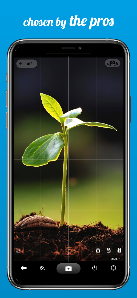 OSnap! Pro: Lapse & Motion - OSnap Proアプリのカメラインターフェイスが、グリッドアライメントガイドとマニュアル露出ロックを備えた植物の苗をキャプチャしています
