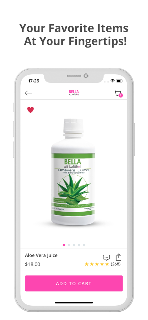 Bella All Natural - Bella All Natural mobile app displaying the Aloe Vera Juice product page with ratings and add to cart button