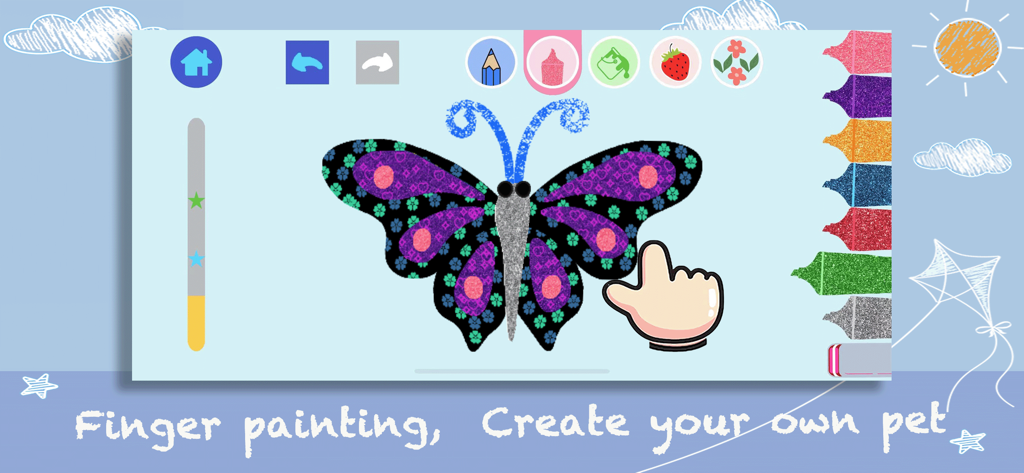 Drawing Games For Kids App - Interfaz de pintura de dedos de un niño mostrando una mariposa con patrones morados y verdes y varias herramientas de dibujo