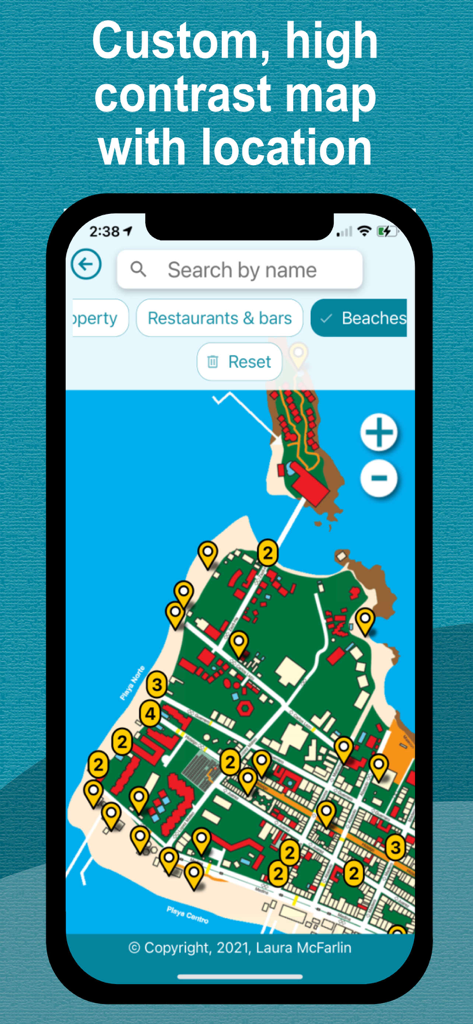 MapChick's Isla Mujeres - A high contrast map of Isla Mujeres in the MapChick travel app showing location pins for restaurants and beaches.