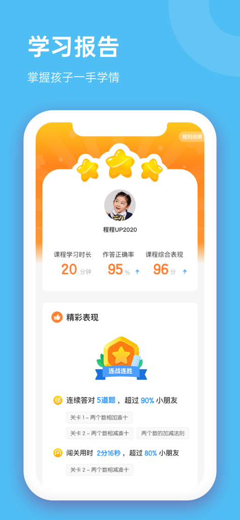 雪球课堂 - A detailed learning report from the Snowball Classroom app showing a child's study time, accuracy rate, and achievement badges.