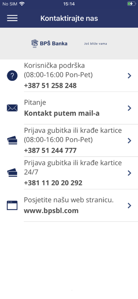 mBank BPS mobile app contact us screen showing customer support phone numbers email and website link