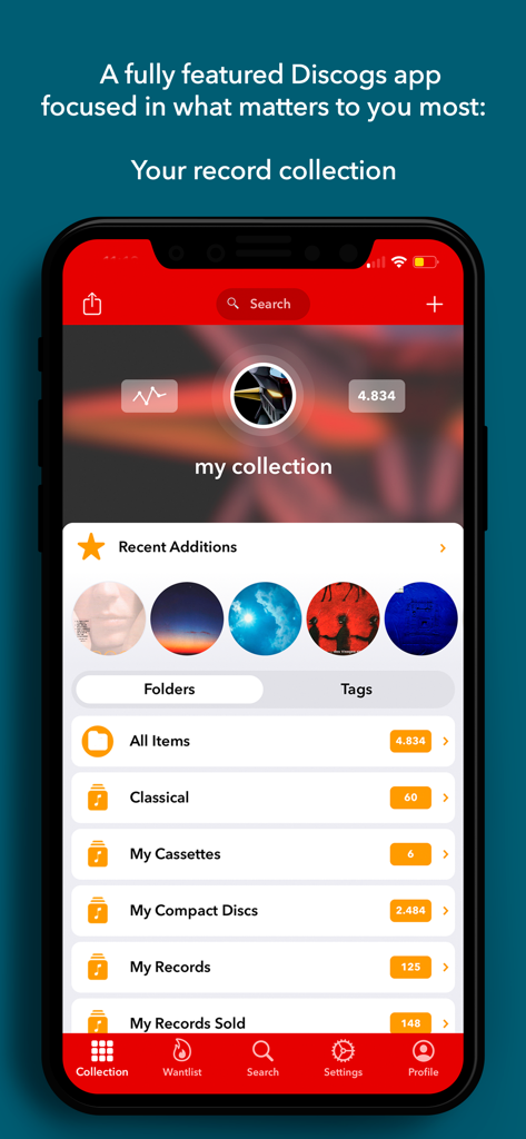 Discographic for Discogs - Interfaccia dell'app Discographic che mostra la collezione musicale di un utente con cartelle per dischi, CD e cassette.