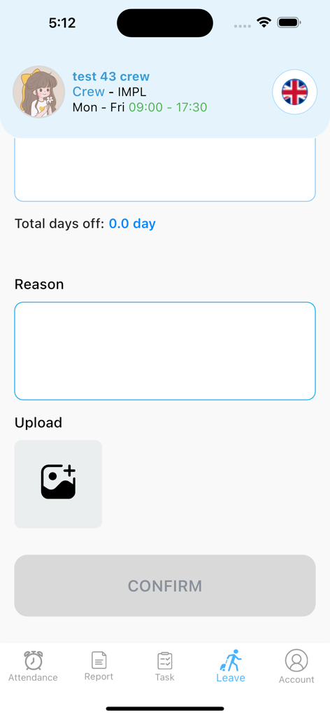 IMPL ERP - Pantalla de solicitud de licencia de empleado dentro de la aplicación IMPL ERP que muestra campos para motivo y carga de adjunto