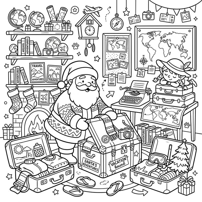 Journey into Santa's magical workshop as he prepares for a well-deserved vacation! This delightful coloring page captures the excitement of travel, filled with suitcases, maps, and festive preparations.