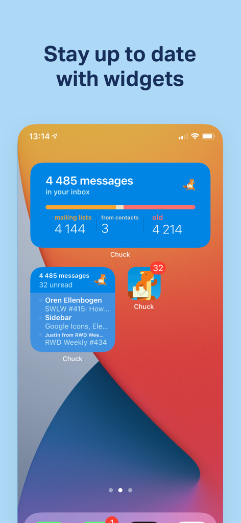 iPhone home screen displaying Chuck email app widgets with inbox statistics and recent message summaries