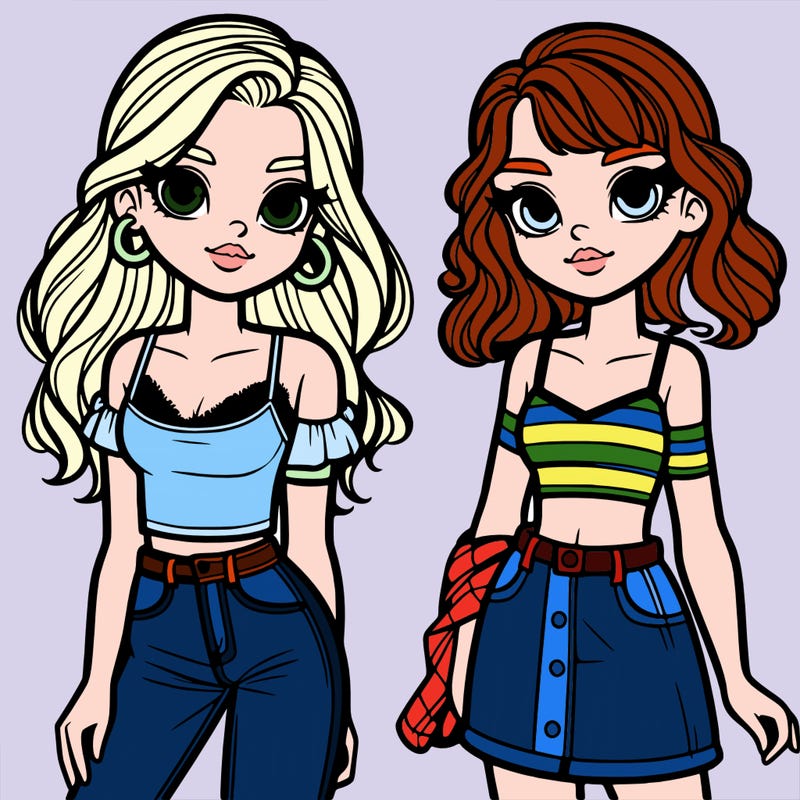 2 girls were just longhair a cropped up in jeans and the other with medium hair a tank top and a skirt