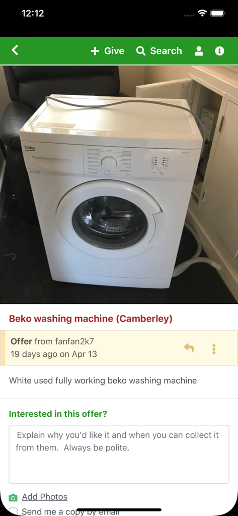 Trash Nothing 앱 스크린샷으로 런던 지역의 중고 Beko 세탁기 무료 목록을 보여줍니다