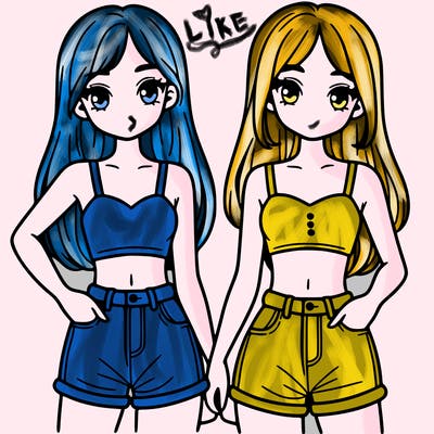 two sisters with crop tops and jean shorts and straight hair