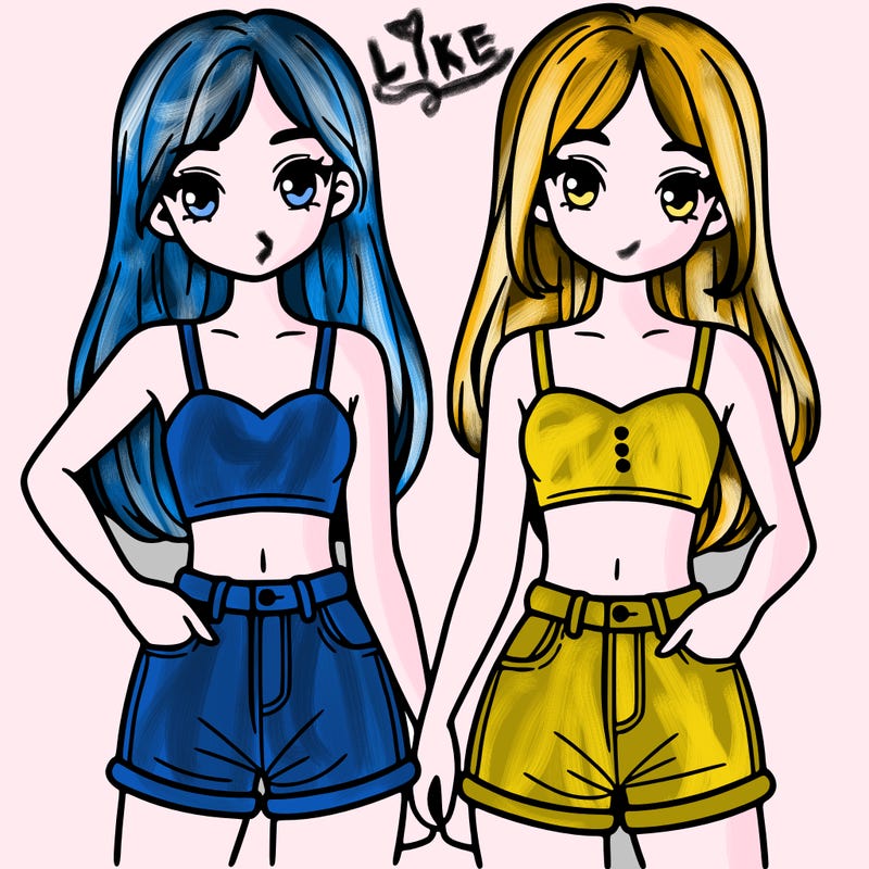two sisters with crop tops and jean shorts and straight hair
