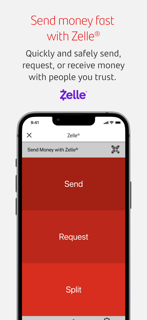 Santander Bank US - Pantalla de la aplicación de banca móvil Santander que muestra la integración de Zelle con opciones para enviar, solicitar o dividir dinero