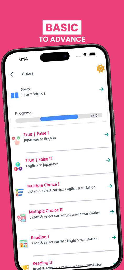 A mobile screen showing various Japanese quiz modes including true or false, multiple choice, and reading exercises.