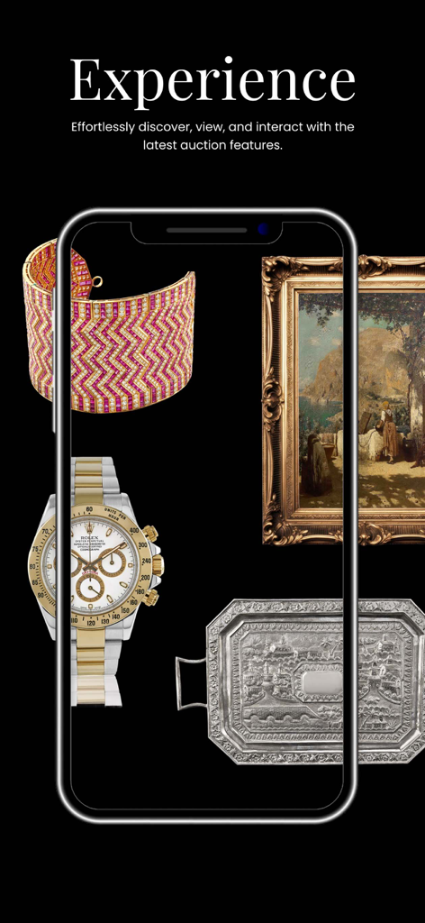 AstaGuru Auction House - Smartphone screen showing the AstaGuru auction app with a luxury watch jewelry painting and antique silver tray