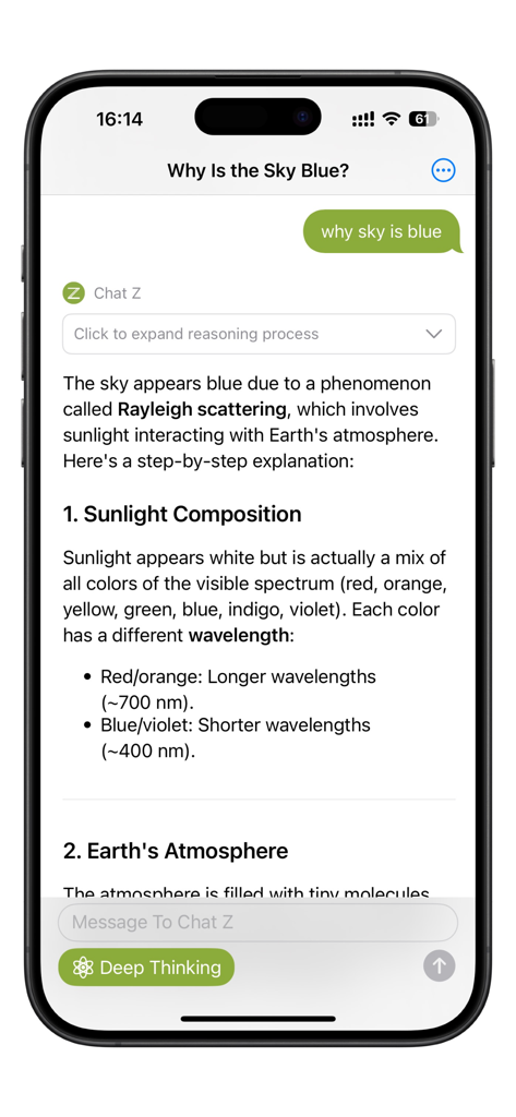 Chat Z - Ultra Chat Assistant - Interfaccia di chat dell'app Chat Z che mostra una spiegazione AI sul motivo per cui il cielo è blu.