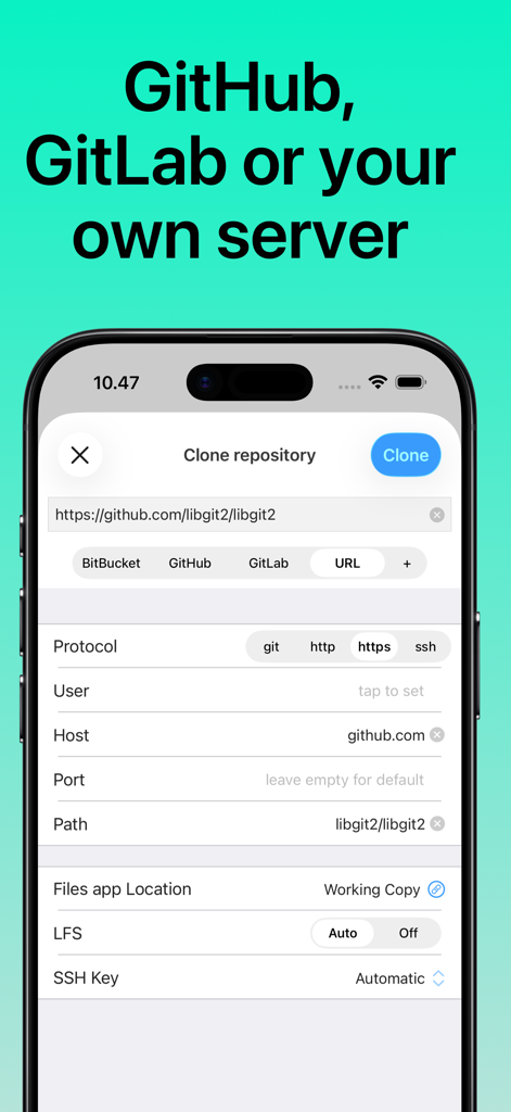 iOS용 Working Copy에서 Git 저장소를 복제하는 인터페이스