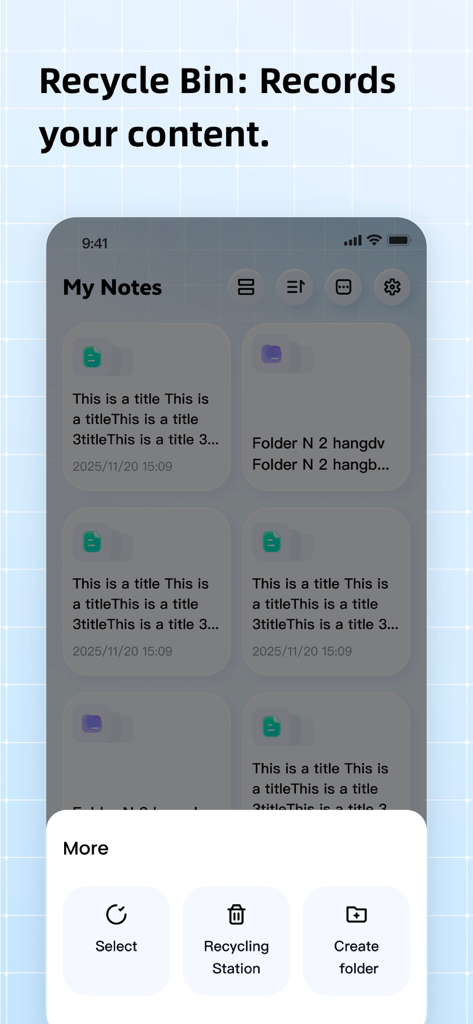 Screenshot of the Leaflet app showing the My Notes screen with a menu open featuring the Recycling Station option