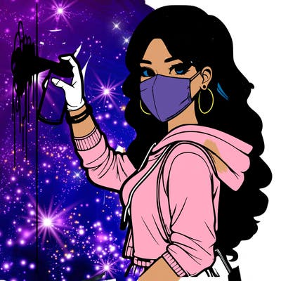 realistic girl with mask spray painting a wall