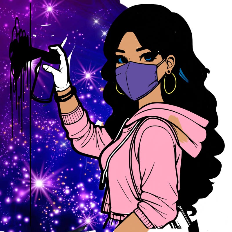 realistic girl with mask spray painting a wall