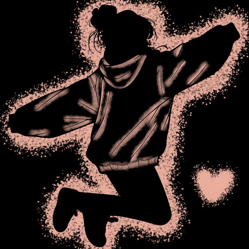 realistic girl jumping with a bun and oversized sweatshirt