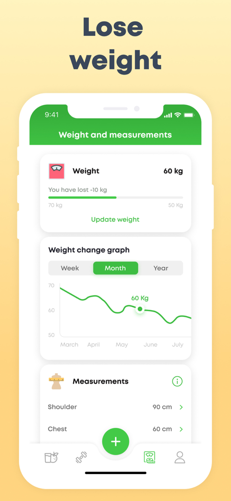 ScanFood app weight and measurements tracking screen featuring a weight change graph and body measurement logs