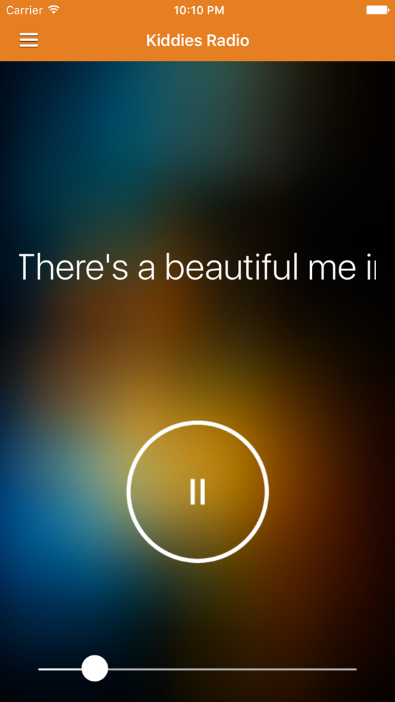 Interface of the Kiddies Radio music player showing a pause button and song lyrics on a colorful background