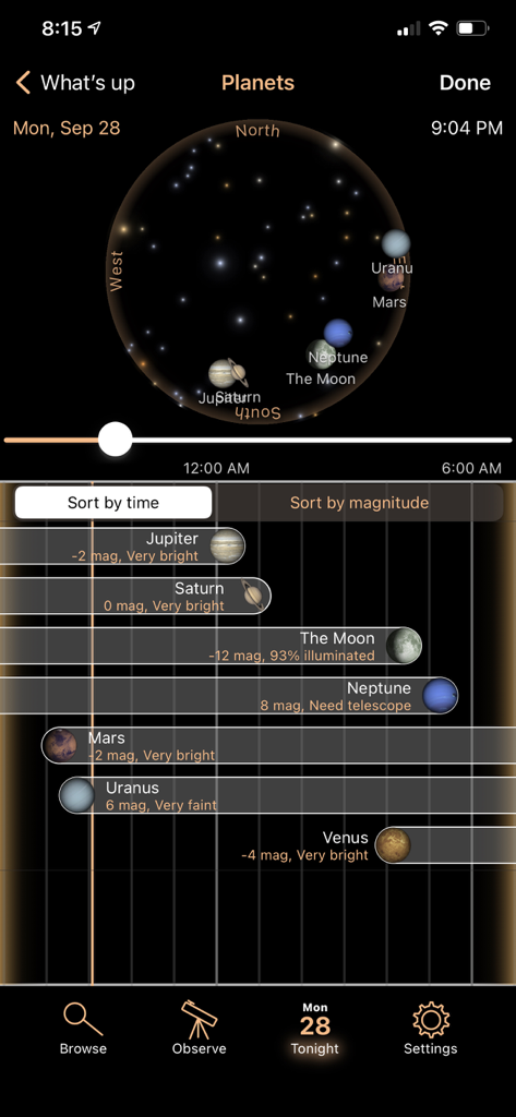 Luminos app interface showing a circular sky map and planetary visibility chart with magnitudes