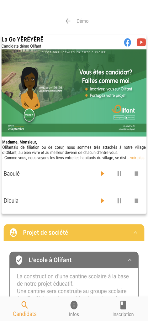 Mobile app screen for Olifant showing a political candidate profile and audio program options in local languages.