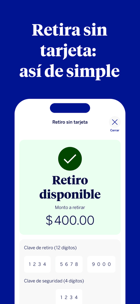 Interface do aplicativo BBVA Mexico mostrando o recurso de saque sem cartão com códigos de segurança