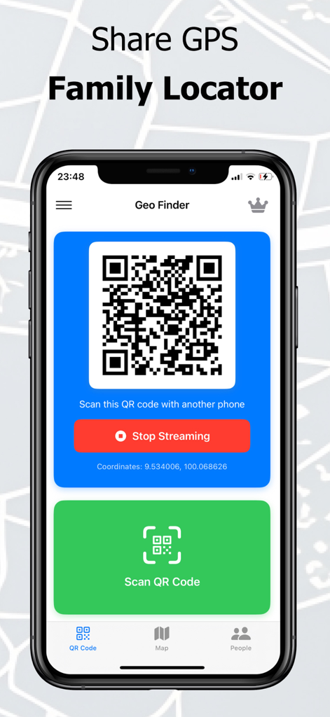 Tracker - Share My Location - Tracker app interface displaying a QR code for real-time GPS location sharing