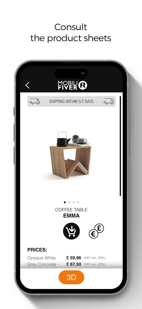 Mobili Fiver - Pagina prodotto dell'app Mobili Fiver per il tavolino Emma che mostra prezzo, spedizione e pulsante di visualizzazione 3D