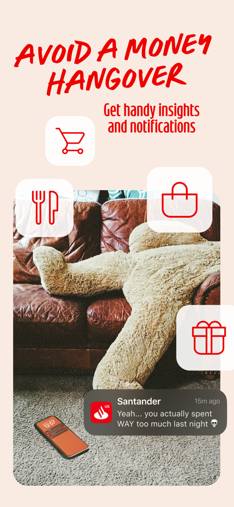 Santander Mobile Banking - Un visuel marketing pour Santander Mobile Banking montrant des notifications de dépenses et des aperçus pour éviter les gueules de bois financières