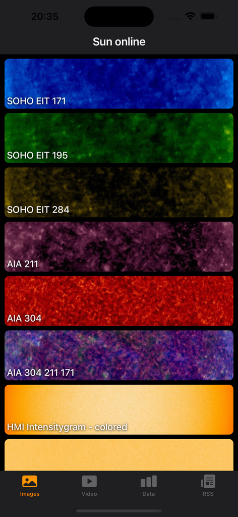 Solar Activity - Solar Activity app screen showing sun images from SOHO and SDO satellites in different wavelengths.