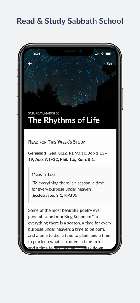 Smartphone screen displaying a Sabbath School lesson titled The Rhythms of Life with Bible verses and memory text