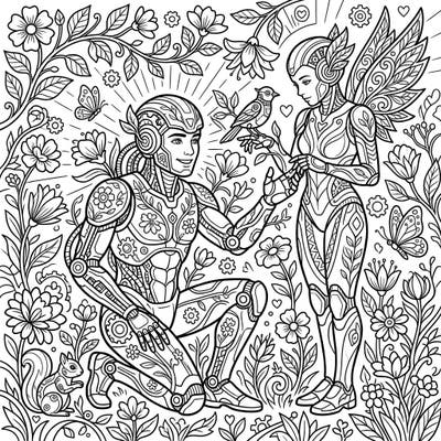 Step into a breathtaking fusion of nature and technology with this exquisite coloring page. Witness symbiotic cyborgs flourishing in a vibrant spring garden, surrounded by delicate flora and fauna, ready for your artistic touch.