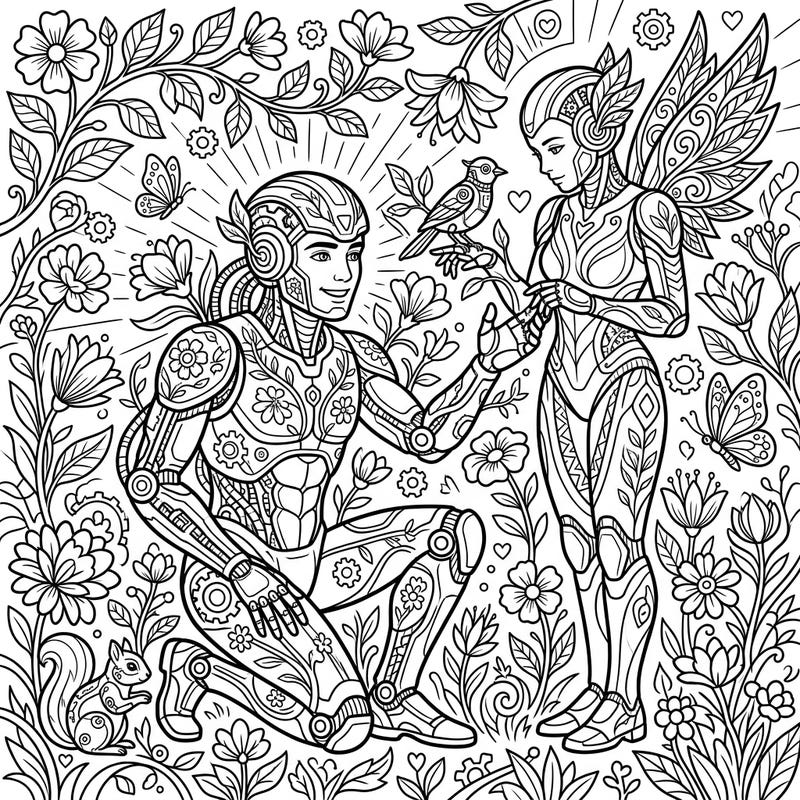 Step into a breathtaking fusion of nature and technology with this exquisite coloring page. Witness symbiotic cyborgs flourishing in a vibrant spring garden, surrounded by delicate flora and fauna, ready for your artistic touch.