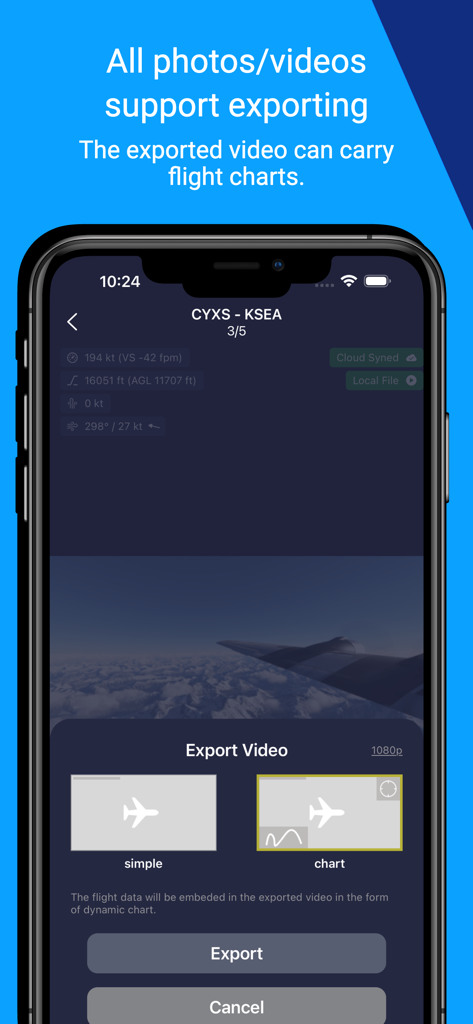 SimFly Pad - SimFly Pad app interface showing options to export flight simulation videos with embedded data charts