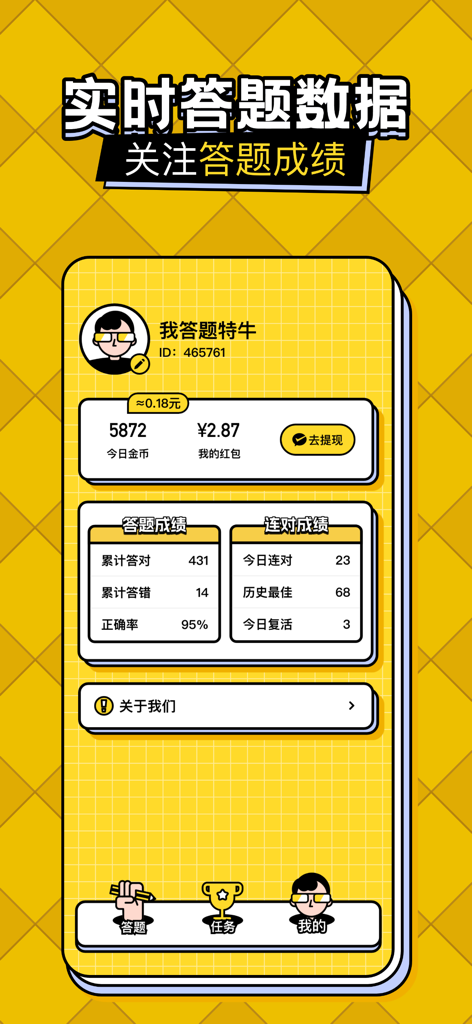 User profile interface displaying quiz performance statistics and red envelope earnings balance.