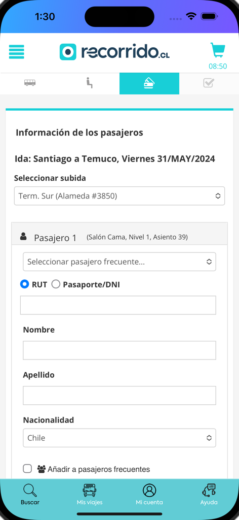 Passenger information input form for a bus ticket booking in the Recorrido app.