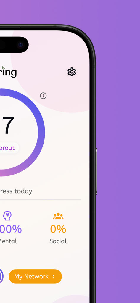 Spring for more healthy years - A screenshot of the Spring health app showing the daily health score and progress metrics for mental and social wellness