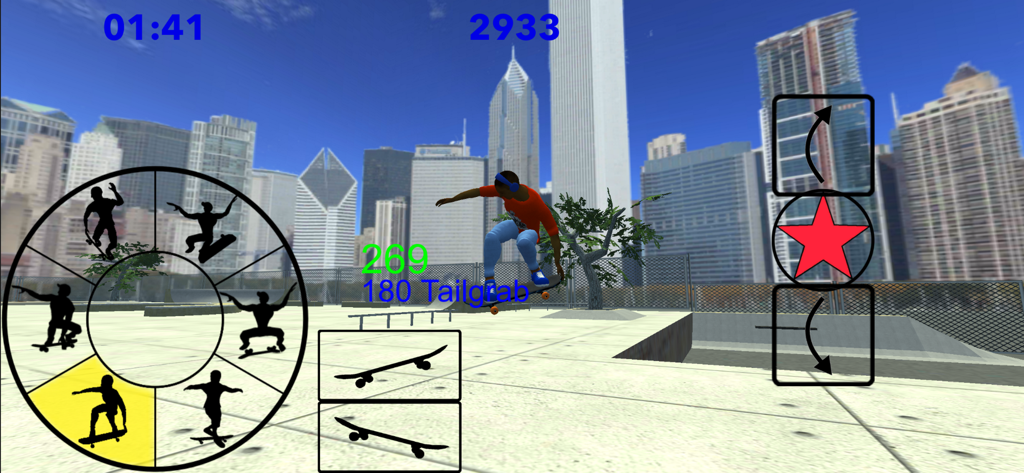 Skating Freestyle Extreme 3D - A skater performing a 180 tailgrab trick in an urban skate park with a city skyline background