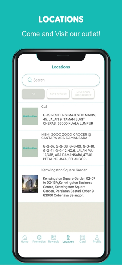 Memi ZoooZooo - Mobile app screen showing a list of physical store locations for Memi ZoooZooo grocery.