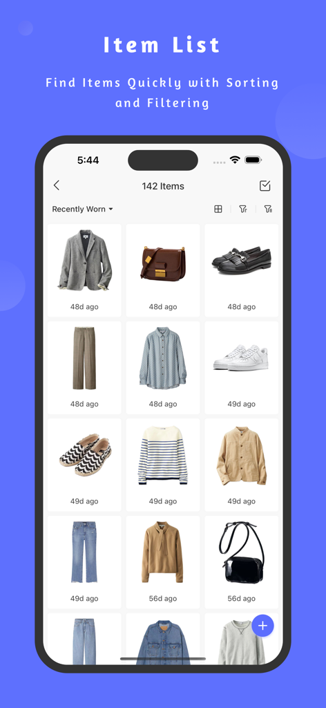 SimpleCloset: Digital Wardrobe - Die Benutzeroberfläche der SimpleCloset-App zeigt ein visuelles Inventar von Kleidungsstücken mit Sortier- und Filteroptionen.