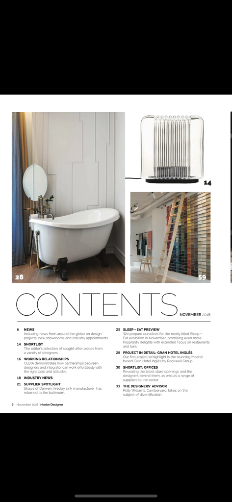 Page de table des matières de l'application Interior Designer Magazine présentant un design de salle de bain haut de gamme et des nouvelles de l'industrie.