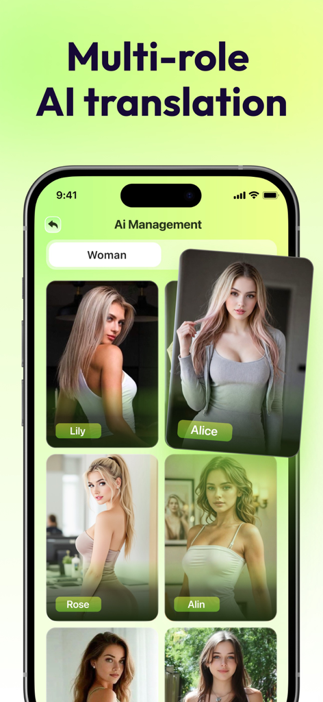 Captura de pantalla de la aplicación Traductor IA que muestra diferentes perfiles de traducción de IA para soporte mult rol