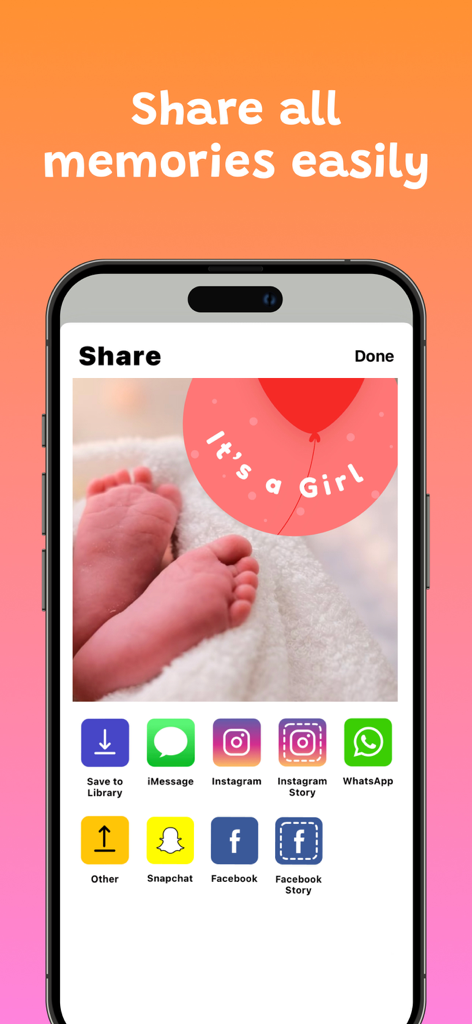 Babio: Baby Monthly Pictures - Screenshot of Babio app showing the share interface with a baby photo and social media icons