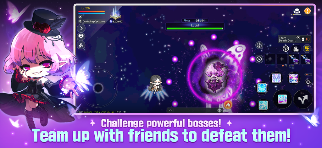 Bosskampf-Gameplay gegen Lucid in MapleStory M mit der Aufforderung, sich mit Freunden zusammenzutun.